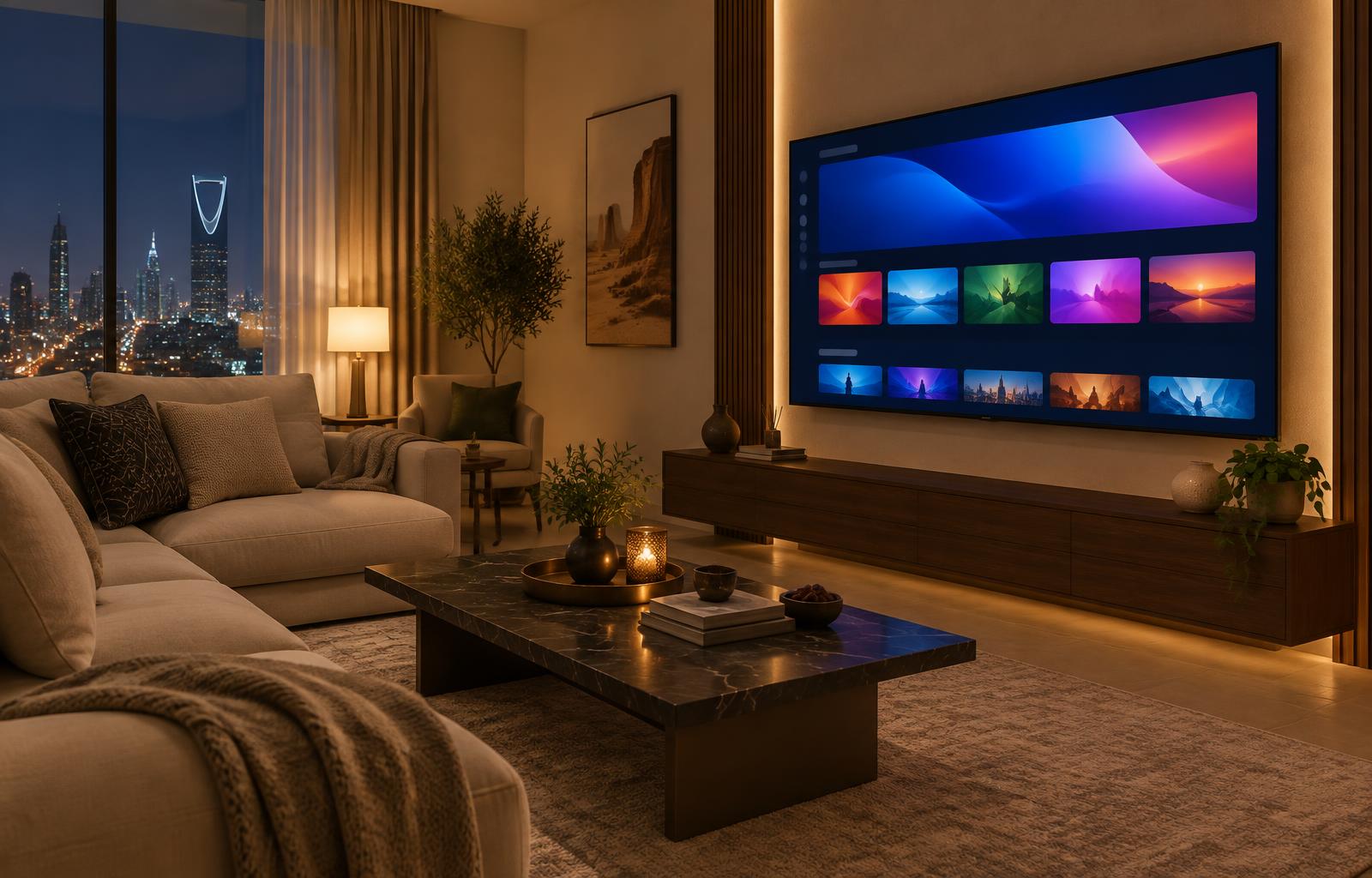 شاشة تلفاز ذكي تعرض واجهة خدمة IPTV في غرفة معيشة سعودية عصرية